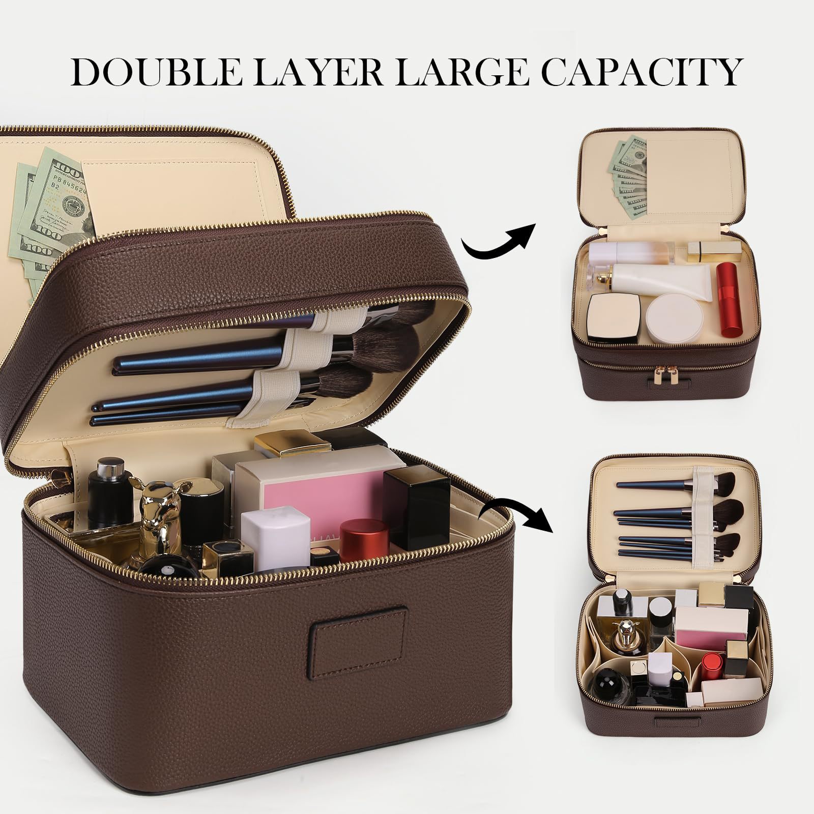 大容量二層式高級化粧ポーチ 旅行用トップハンドル付きポータブ - Luxury Bags Leather のレビューと価格